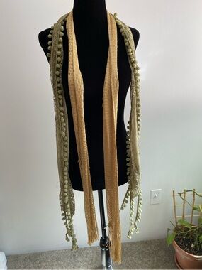 3 for 15$! Fringe Pom Pom Knit Scarf Set - Olive Green & Mesh Gold
